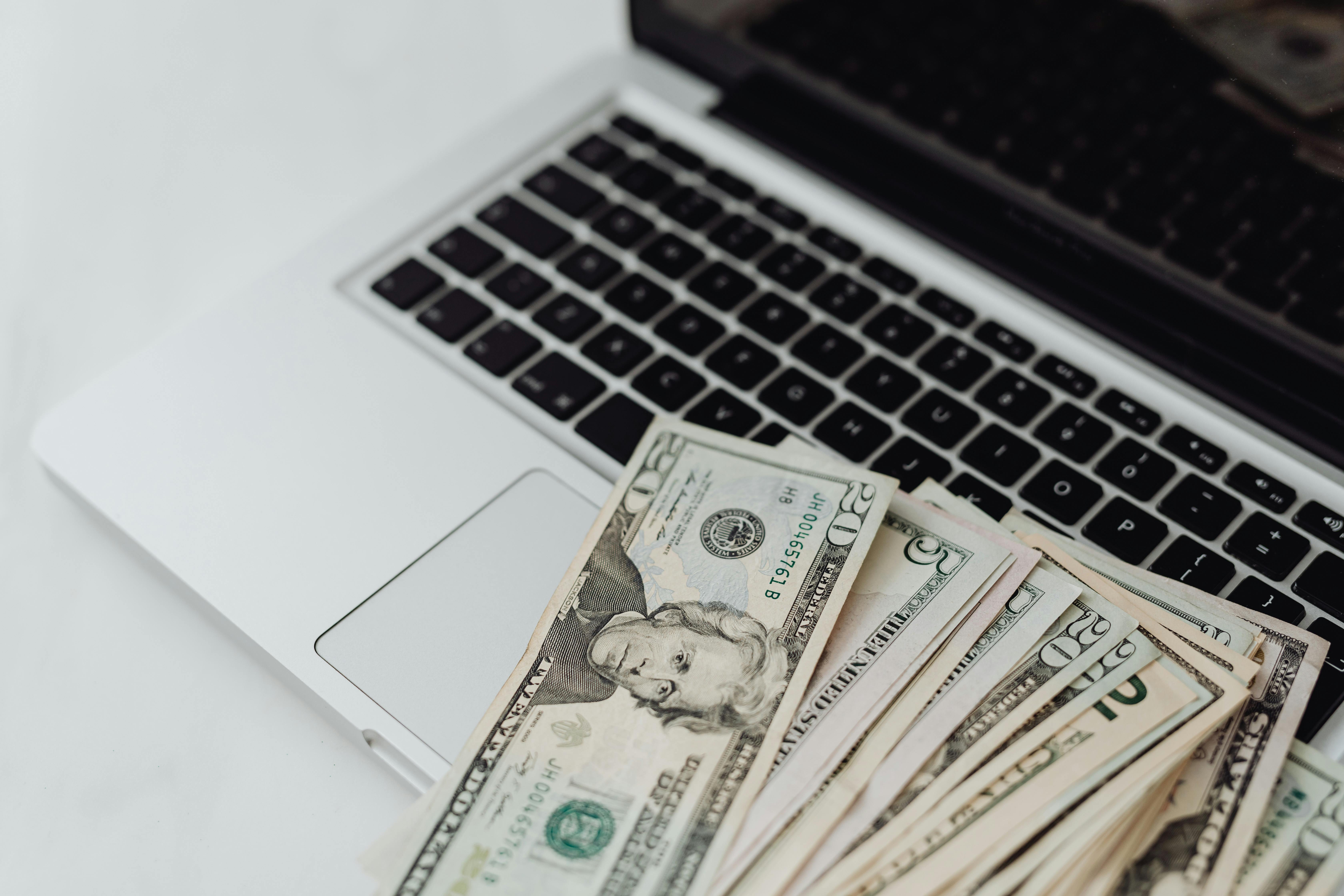 Fan of 20 dollar bills on a laptop